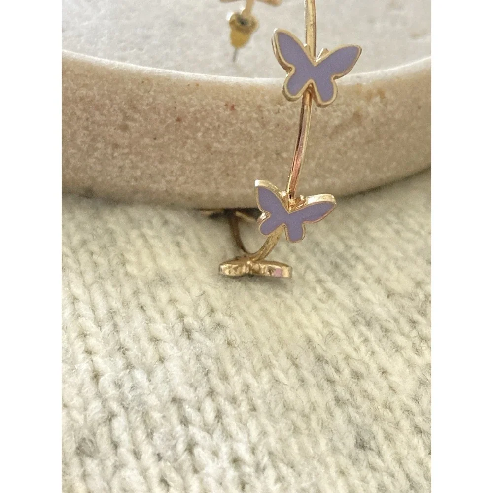 Gold Tone Lilac‎ Enamel Butterfly Open Hoop Earrings  Whimsical Fairy Purple